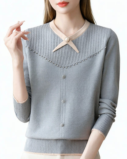 Elegant Pearl Long Sleeve Knit Sweater Pullover Top