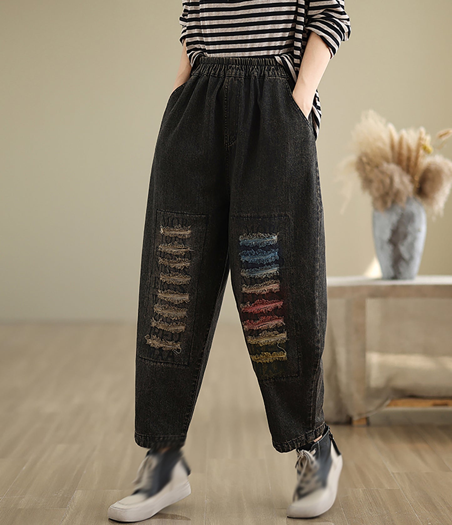 Women Loose Jeans Denim Pants Elastic Waist