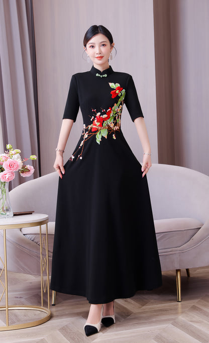 Women's Classic Embroidered Cheongsam Maxi Dress