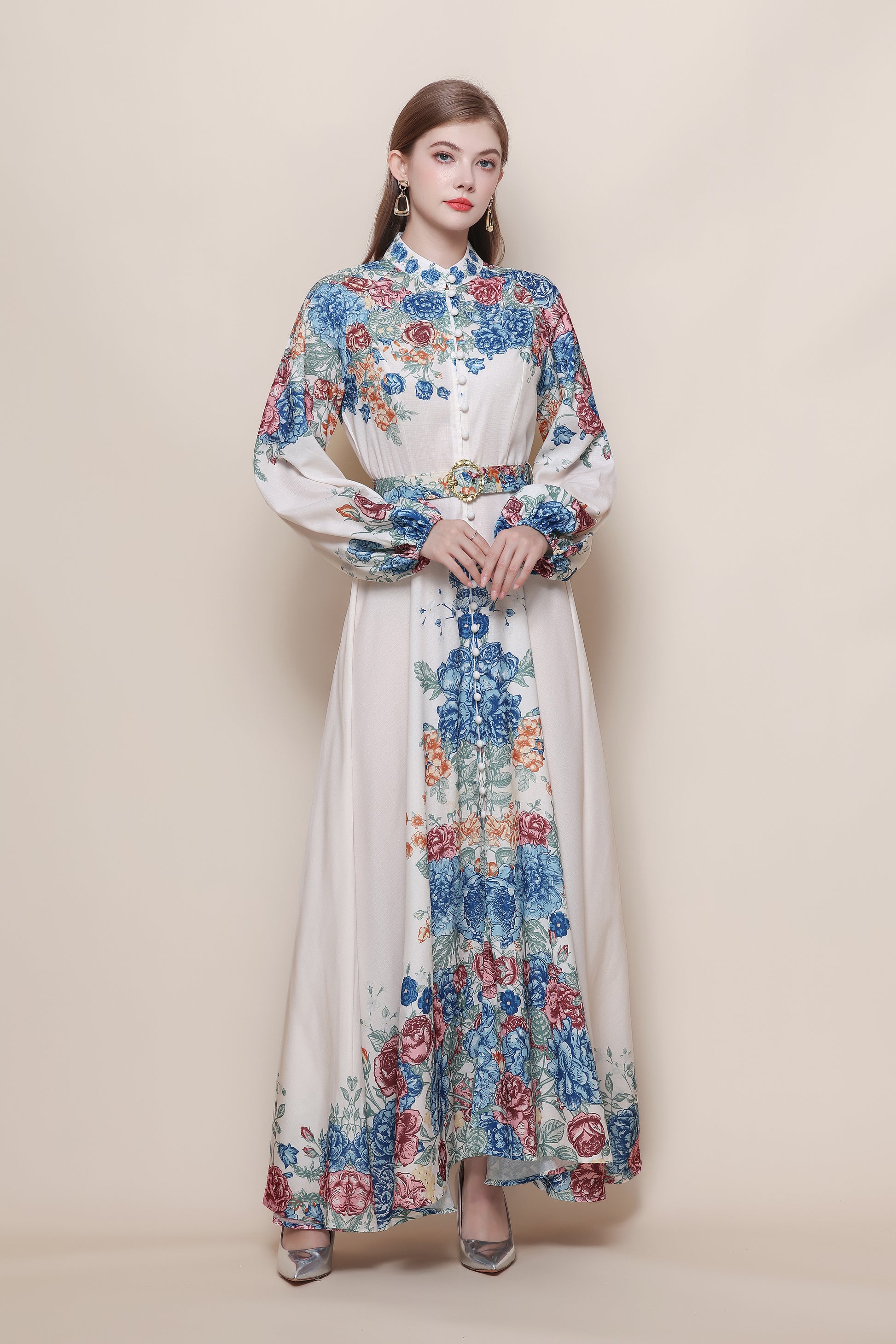 26-Women's Floral Print Puff Sleeve Button Maxi Dress - LAI MENG FIVE CATS