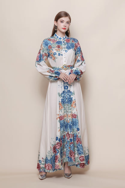 26-Women's Floral Print Puff Sleeve Button Maxi Dress - LAI MENG FIVE CATS