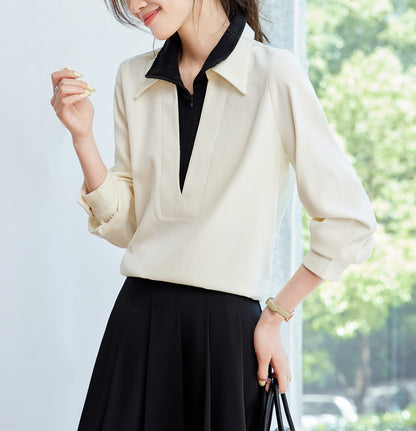 Color Block V-Neck Blouse - Contrast Half-Zip Lapel Collar Elegant Top