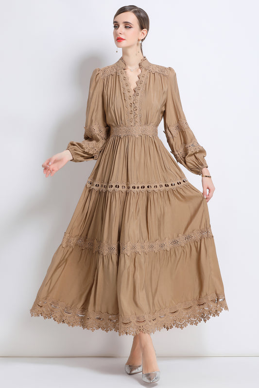 Women's Lace V-Neck Lantern Sleeve Pleated Maxi Dress