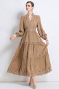 Women's Lace V-Neck Lantern Sleeve Pleated Maxi Dress