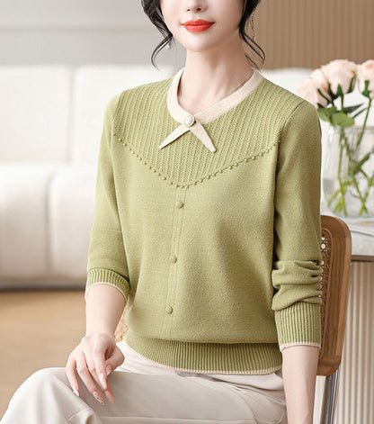 Elegant Pearl Long Sleeve Knit Sweater Pullover Top