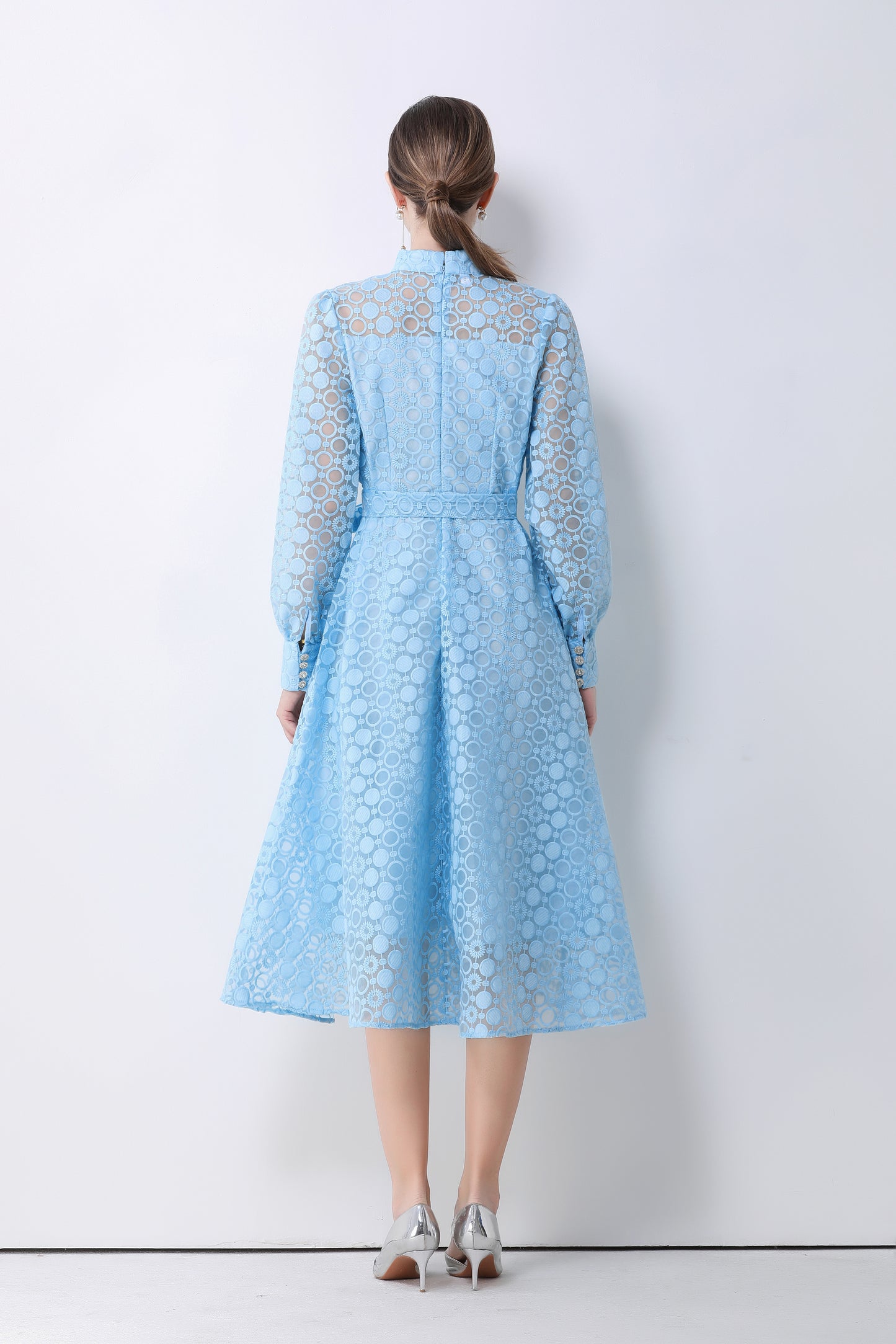 Women's Lace Lantern Sleeve Button Midi Dress