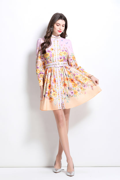 Women's Floral Print Button Lantern Sleeve Mini Dress