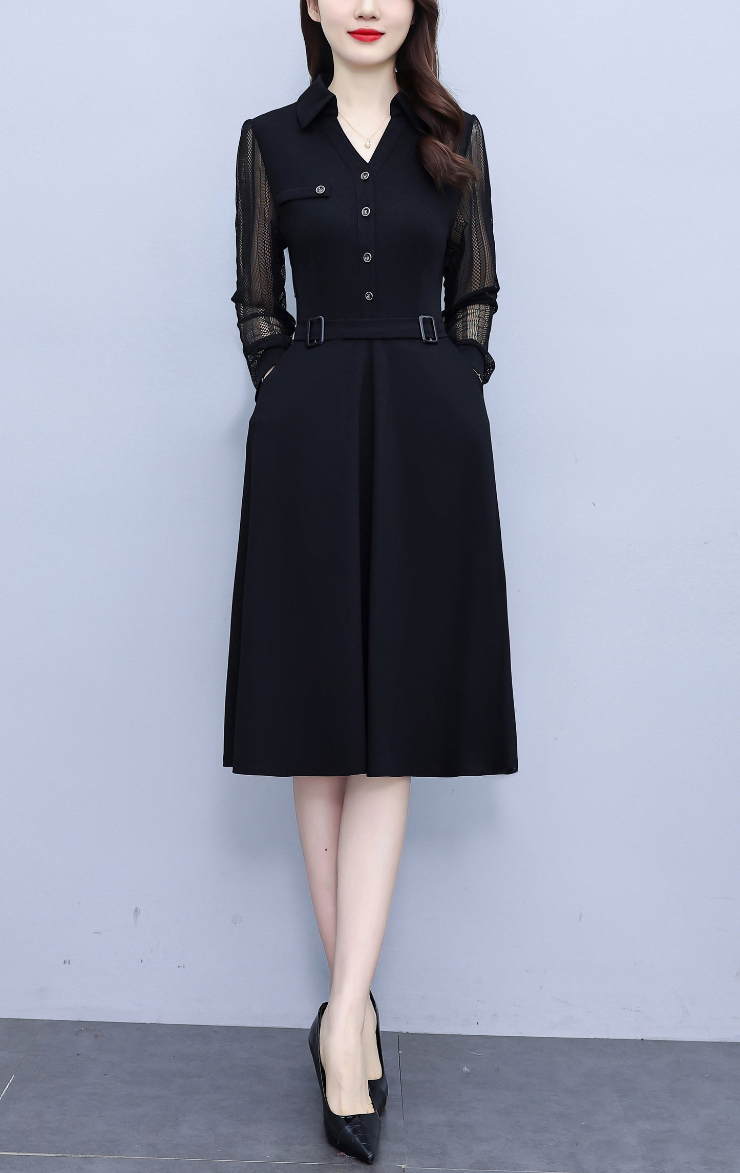 Women's V-Neck Long Sleeve with Pockets Black Dress