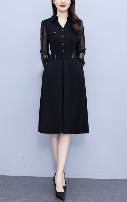 Women's V-Neck Long Sleeve with Pockets Black Dress