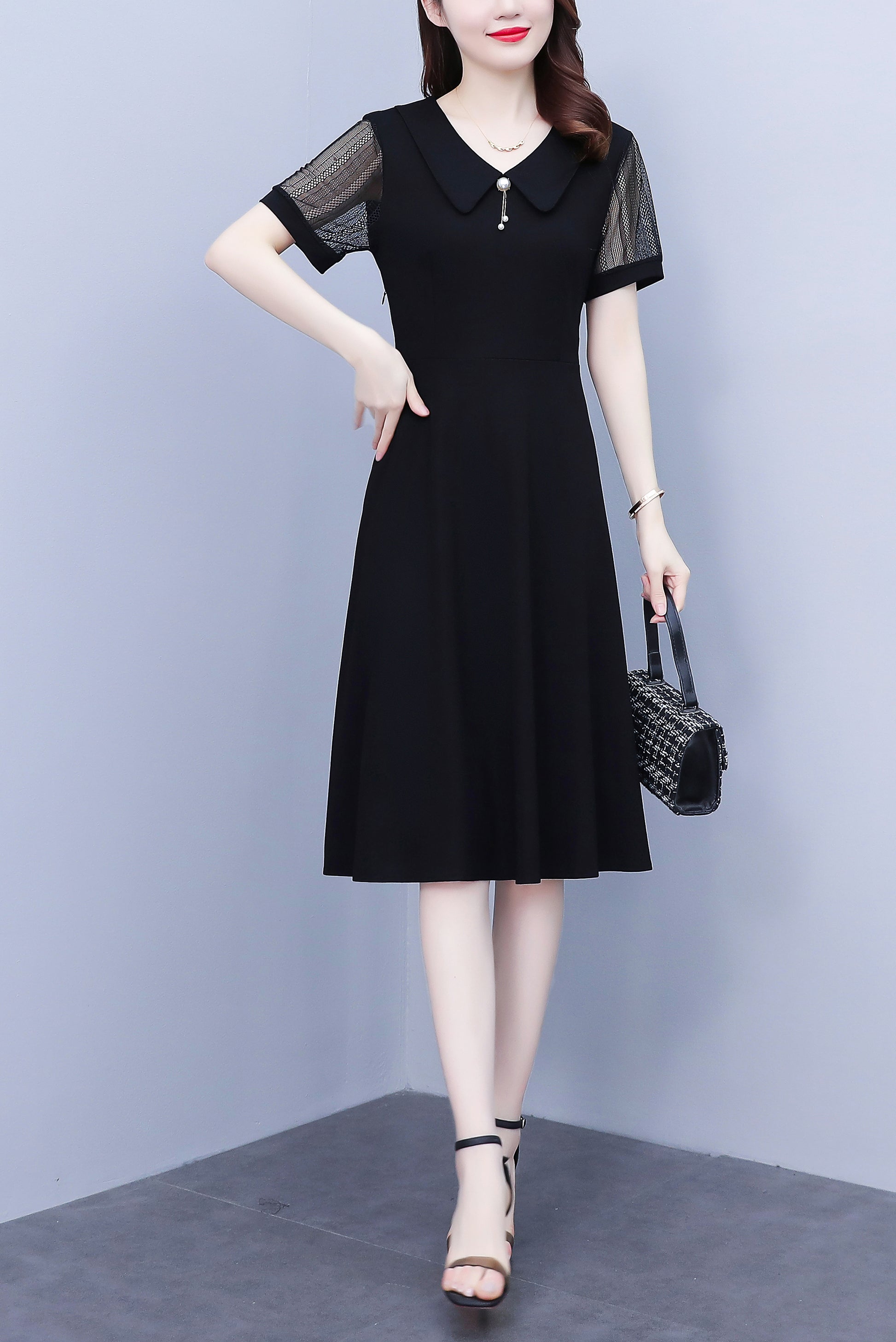26-Women's Peter Pan Collar Short Sleeve Midi Dress  LAI MENG FIVE CATS