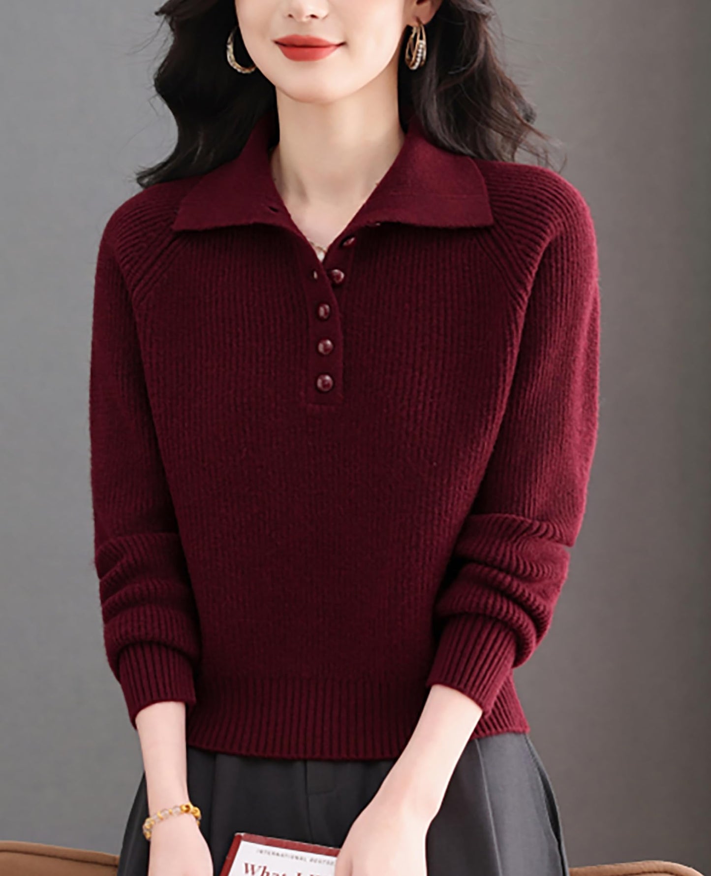 Women's Ribbed Knit Polo Top — Soft Button-Front Sweater