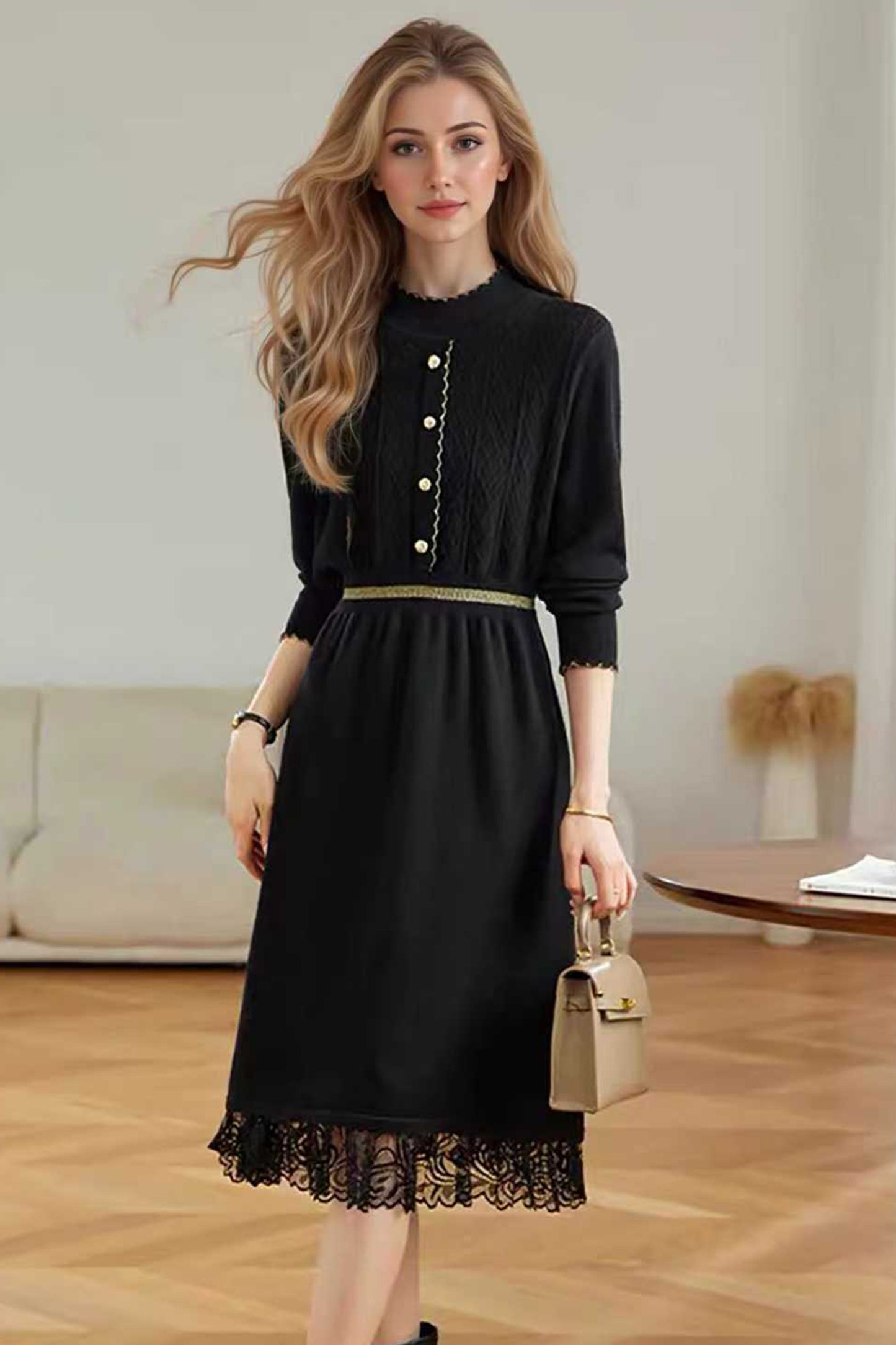 Women's Turtleneck Sweater Knit Lace Trim Midi Dress