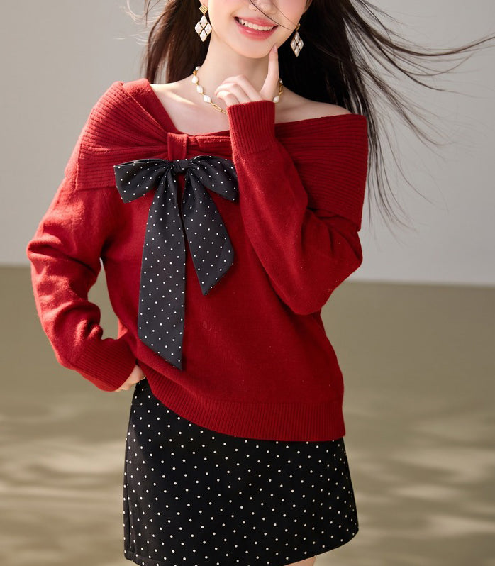 28683-Burgundy Bow Off-Shoulder Knit Sweater