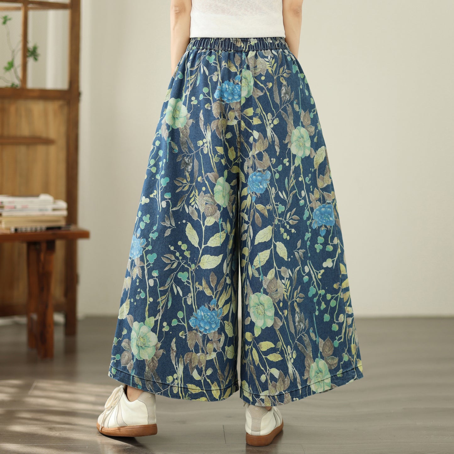 Women's Wide Leg Jeans Baggy Floral  Wasited Elastic Pants - LAI MENG FIVE CATS