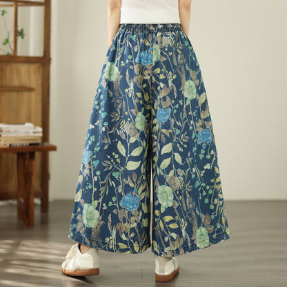 Women's Wide Leg Jeans Baggy Floral  Wasited Elastic Pants - LAI MENG FIVE CATS