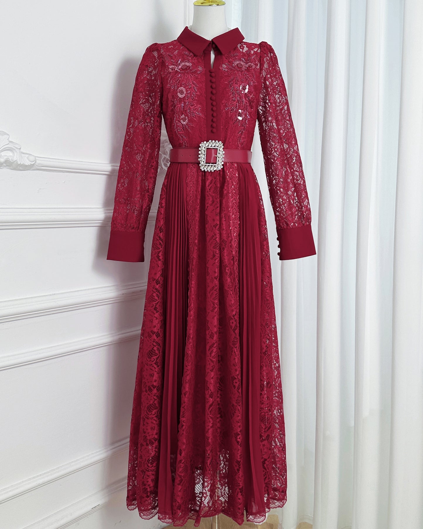 Lace & Chiffon Maxi Dress – Elegant Long Sleeve Dress with Crystal Belt