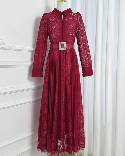 Lace & Chiffon Maxi Dress – Elegant Long Sleeve Dress with Crystal Belt
