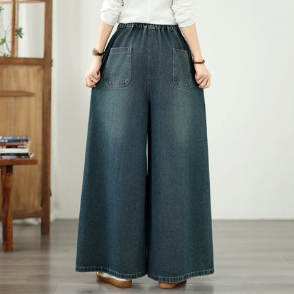 Vintage Embroidered Wide-Leg Jeans with Elastic Waist