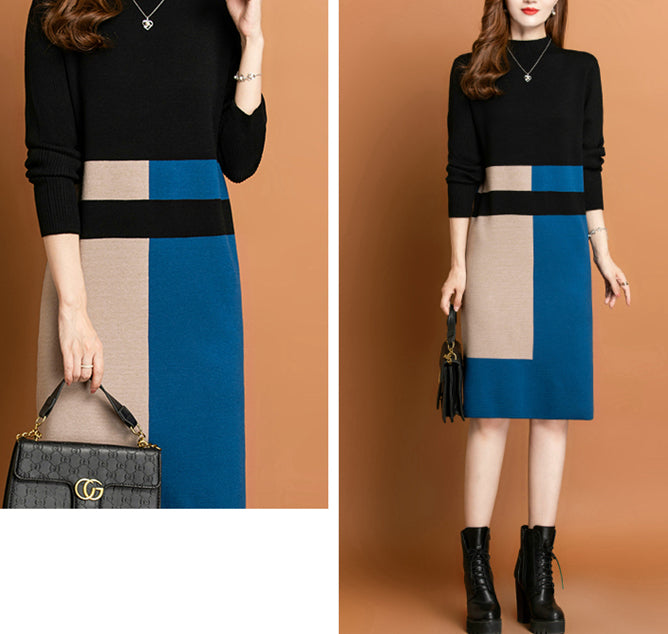 Women's Fall Long Sleeve Knitted Sweater Midi Dress