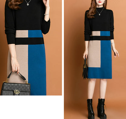 Women's Fall Long Sleeve Knitted Sweater Midi Dress