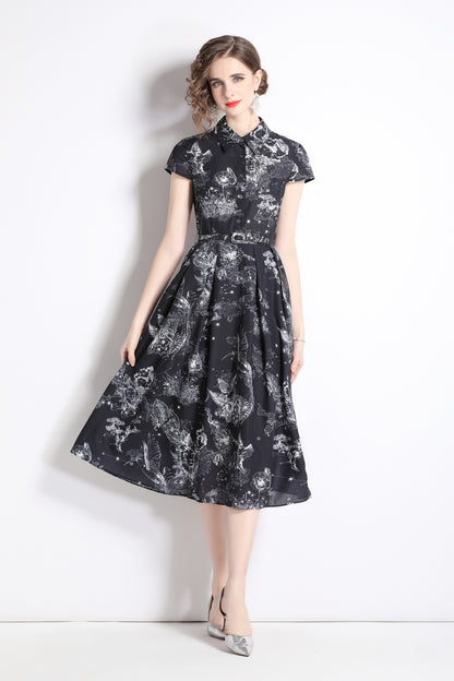 Women's Short Sleeves Printed Buttons Midi Dress