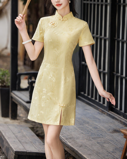 Light Yellow Floral Jacquard Cheongsam Mini Dress Short Sleeve Chinese Dress