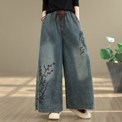 26-Women's Baggy Jeans Embroidery Wide Leg Denim - LAI MENG FIVE CATS