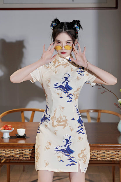 Women's Chinese Cheongsam Print Mini Dress