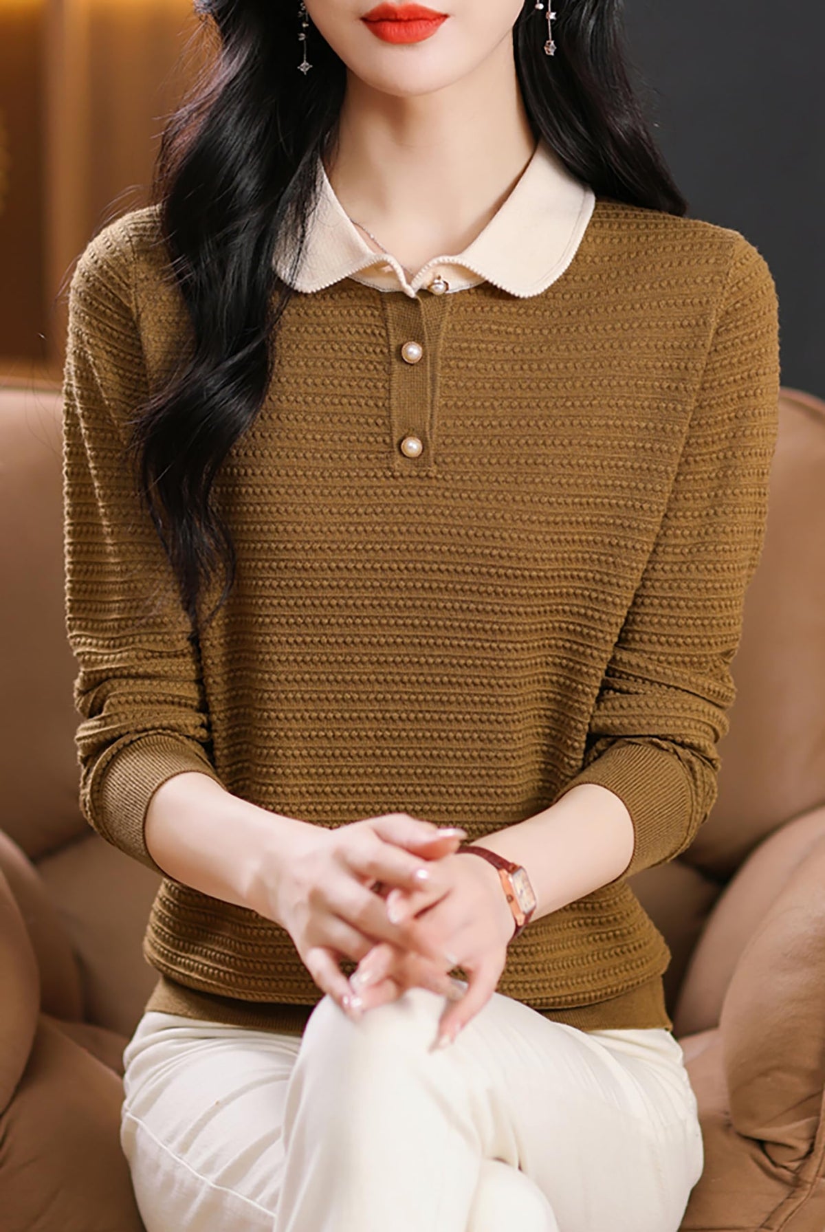 Long-Sleeve Knit Top — Polo Sweater Contrast Collar & Pearl Buttons
