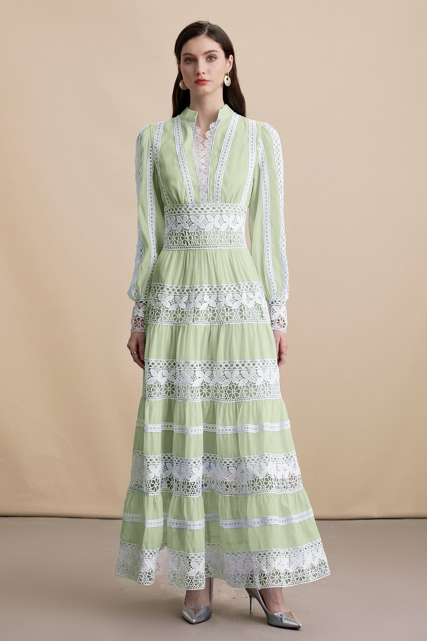 Women's V-Neck Smocked Lace Tiered Maxi Dress