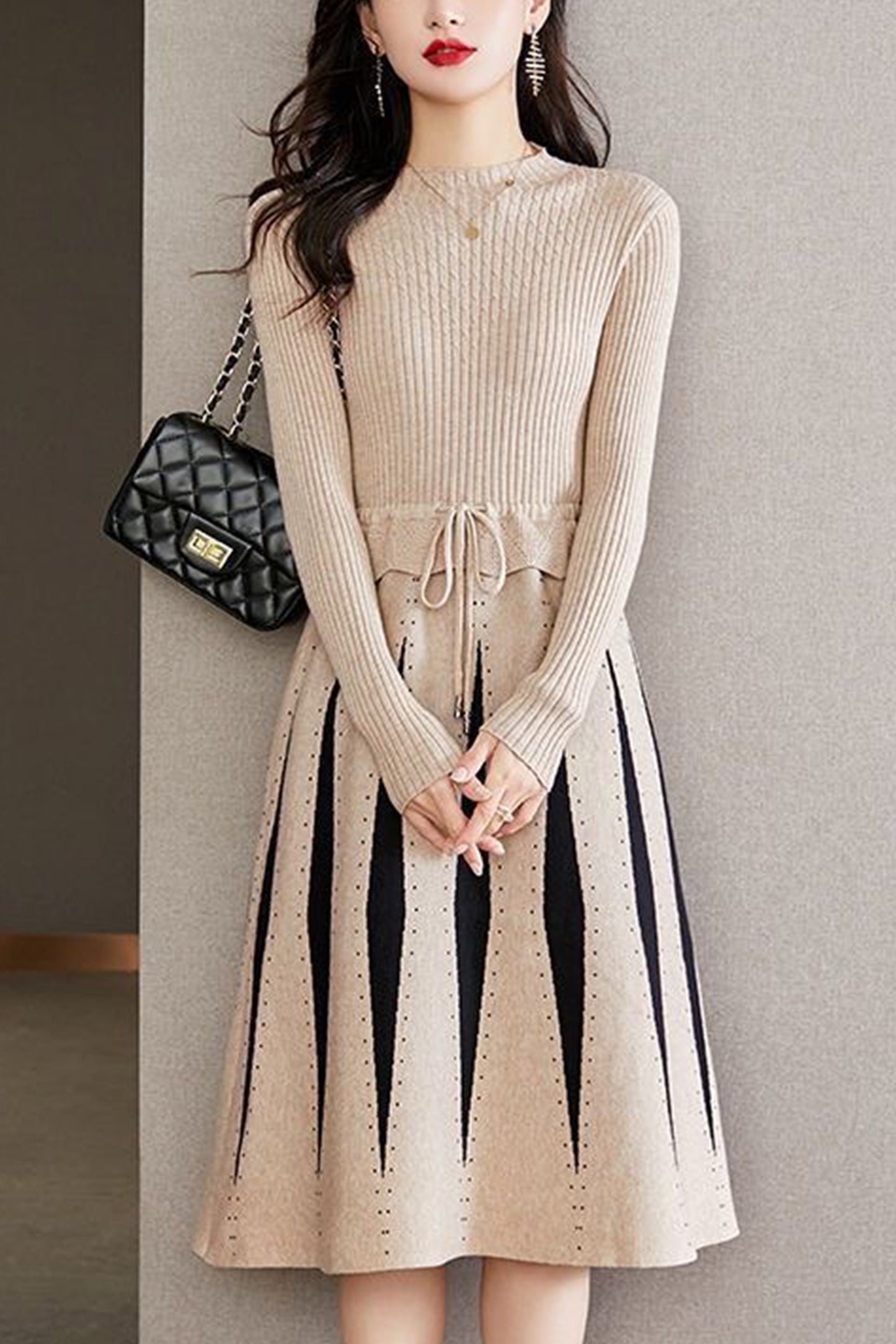 Women Stripe Crew Neck Drawstring Knit Dress