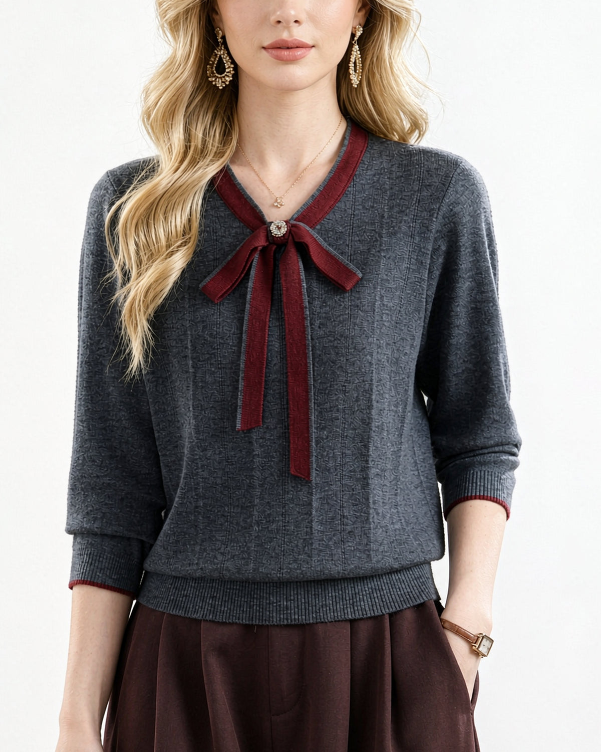 Vintage Bow Collar Knit Sweater Long Sleeve Pullover Top