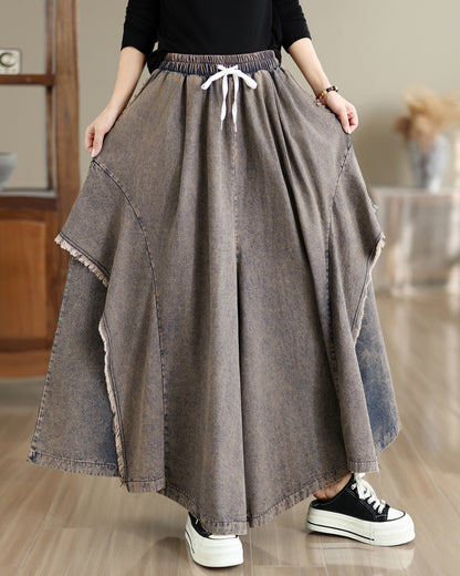 Women Loose Denim Skirt Pants Baggy Elastic Waist Casual Wide Leg Jeans