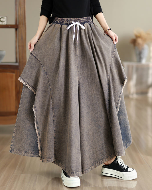 Women Loose Denim Skirt Pants Baggy Elastic Waist Casual Wide Leg Jeans - LAI MENG FIVE CATS