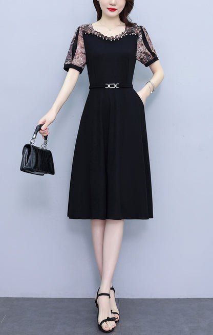 Women's Short Sleeve Pocket A-line Stretch Midi Dress