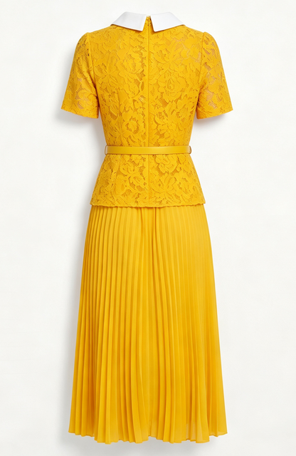 Lace Collar Pleated Midi Dress With Belts