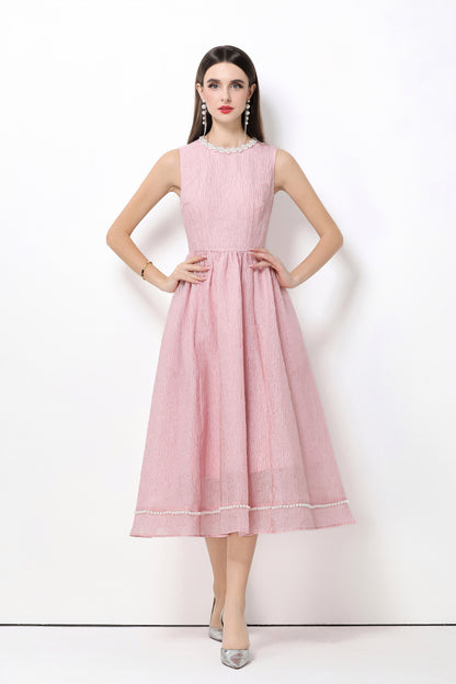 Elegant Pearl Trim A-Line Midi Dress - LAI MENG FIVE CATS