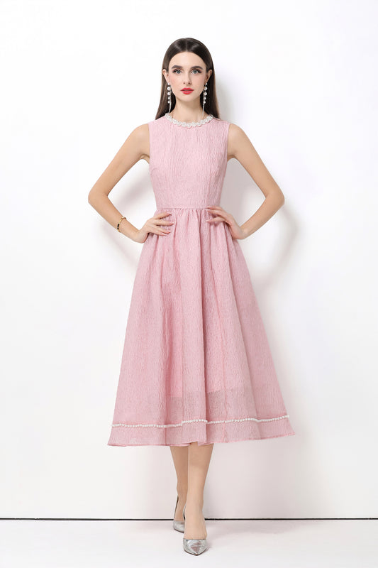 Elegant Pearl Trim A-Line Midi Dress - LAI MENG FIVE CATS