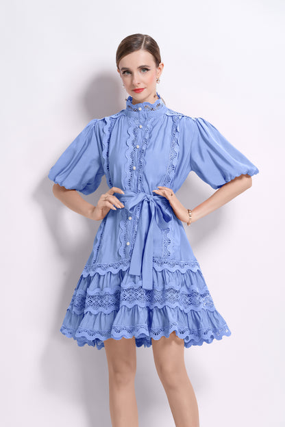 Women’s Blue Lace Trim Mini Dress – Romantic European Summer Resort Style