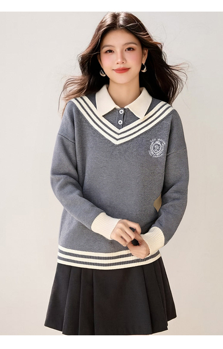 Women's Preppy Sweater 2 in 1 Ribbed Knit Pullover Top