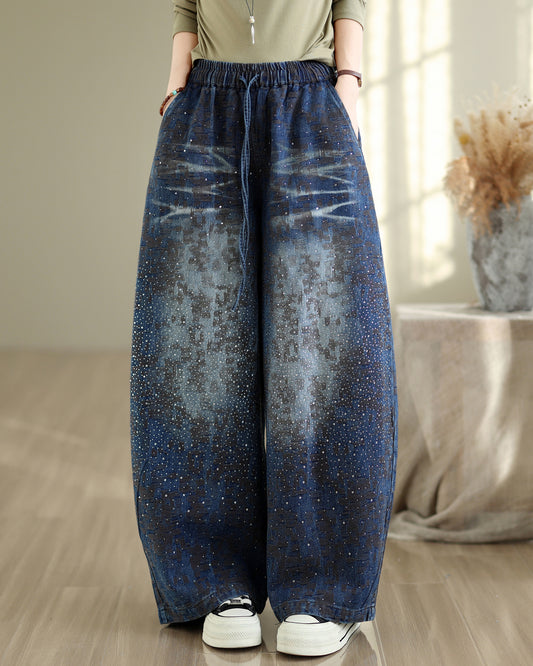 28679-Vintage Galaxy Speckle Denim Wide-Leg Pants with Drawstring Waist