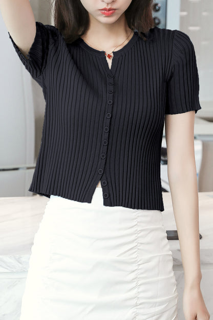 Women's V-Neck Knitted Thin Tops Ribbed Shirt
