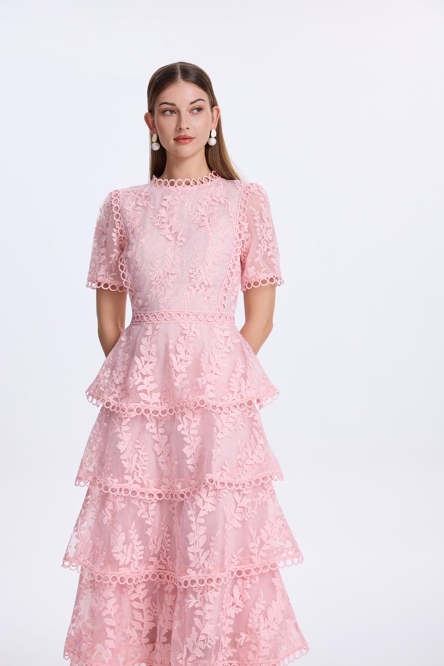 Embroidered Mesh Short Sleeve Tiered Layed Maxi Dress