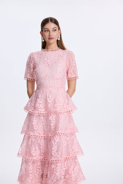 Embroidered Mesh Short Sleeve Tiered Layed Maxi Dress