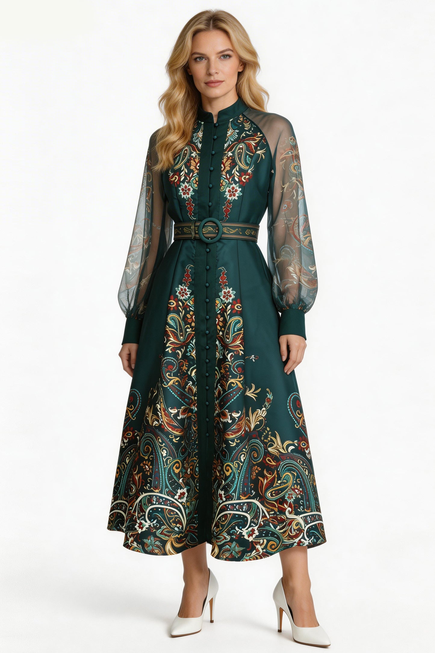 26-Women's Puff Sleeves Floral Print Button Maxi Dress