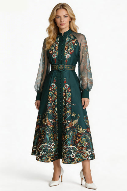 26-Women's Puff Sleeves Floral Print Button Maxi Dress