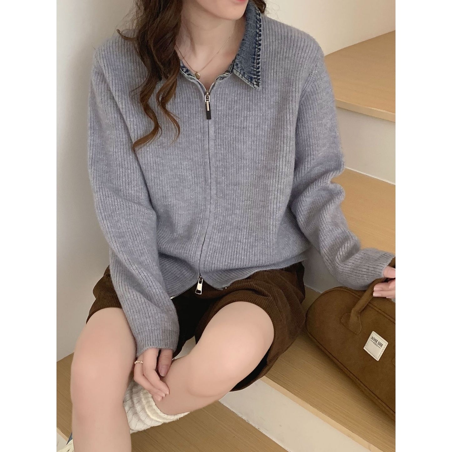 Women's Zip Up Cardigan Sweater Denim Polo Knit Tops