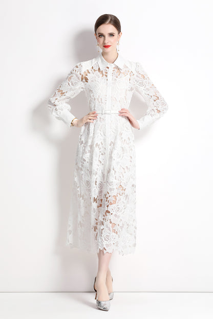 White Elegant Lace Button Midi Dress With Belt