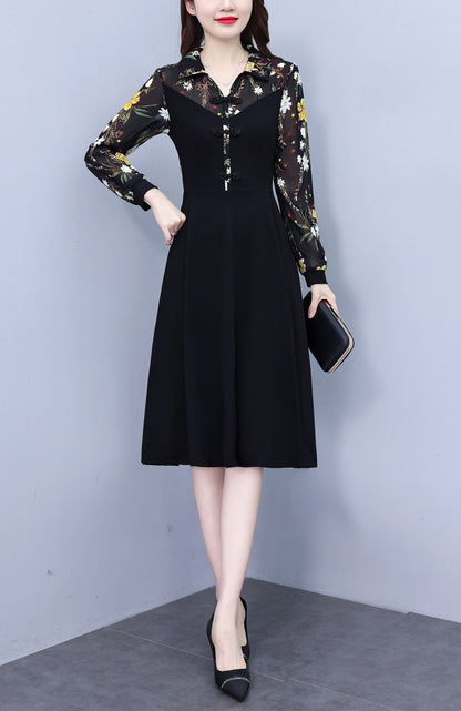 Women's V-Neck Long Sleeve with Pockets Black Dress - LAI MENG FIVE CATS