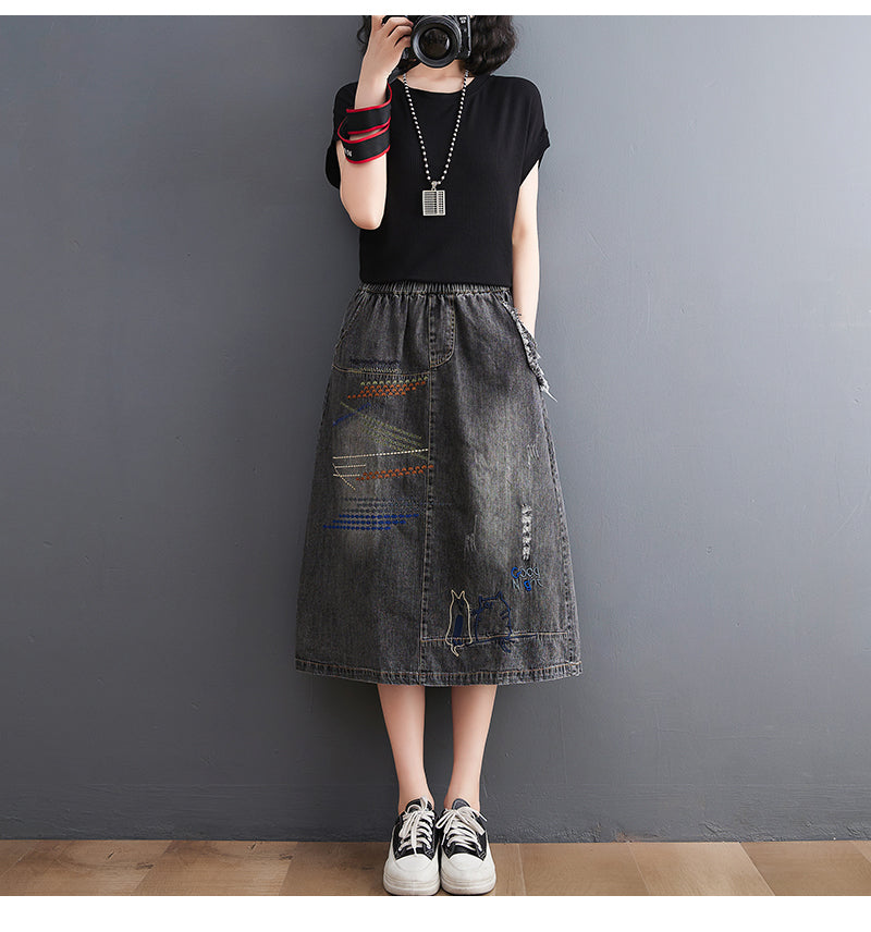 Women's Denim Drawstring Waist Pockets Jean Skirt